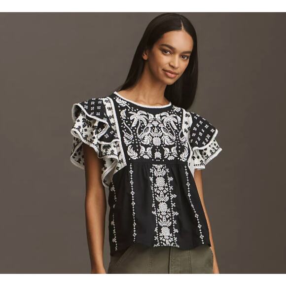 NEW Farm Rio x Anthropologie Printed Flutter-Sleeve Top - Picture 3 of 7